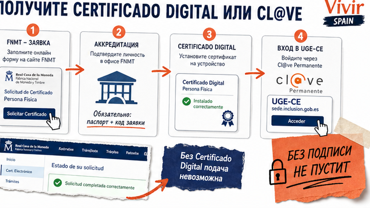 Схема получения Certificado Digital или Cl@ve для подачи через UGE-CE