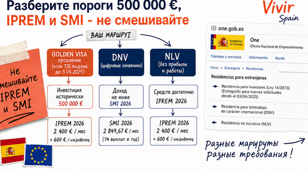 Схема порогов Golden Visa, IPREM и SMI: продление vs DNV vs NLV