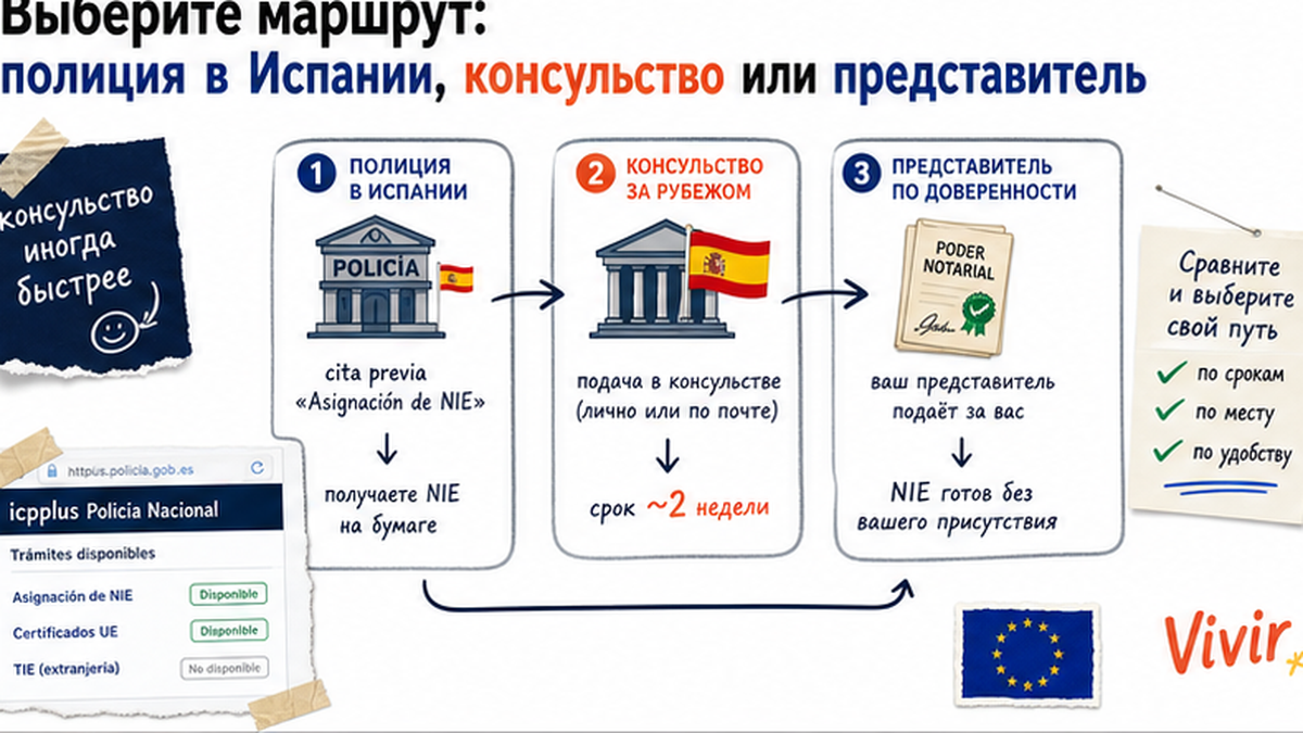 Схема workflow / шаги: Выберите маршрут: полиция в Испании, консульство или представитель