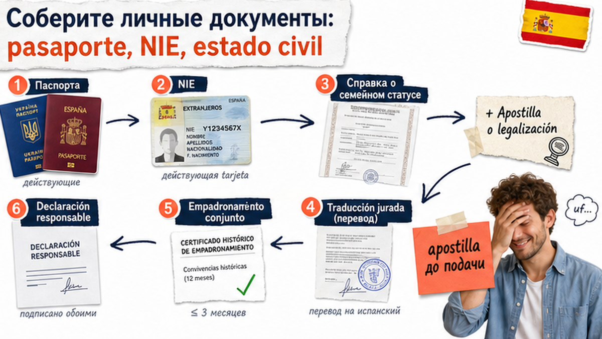 Схема workflow / шаги: Соберите личные документы: pasaporte, NIE, estado civil