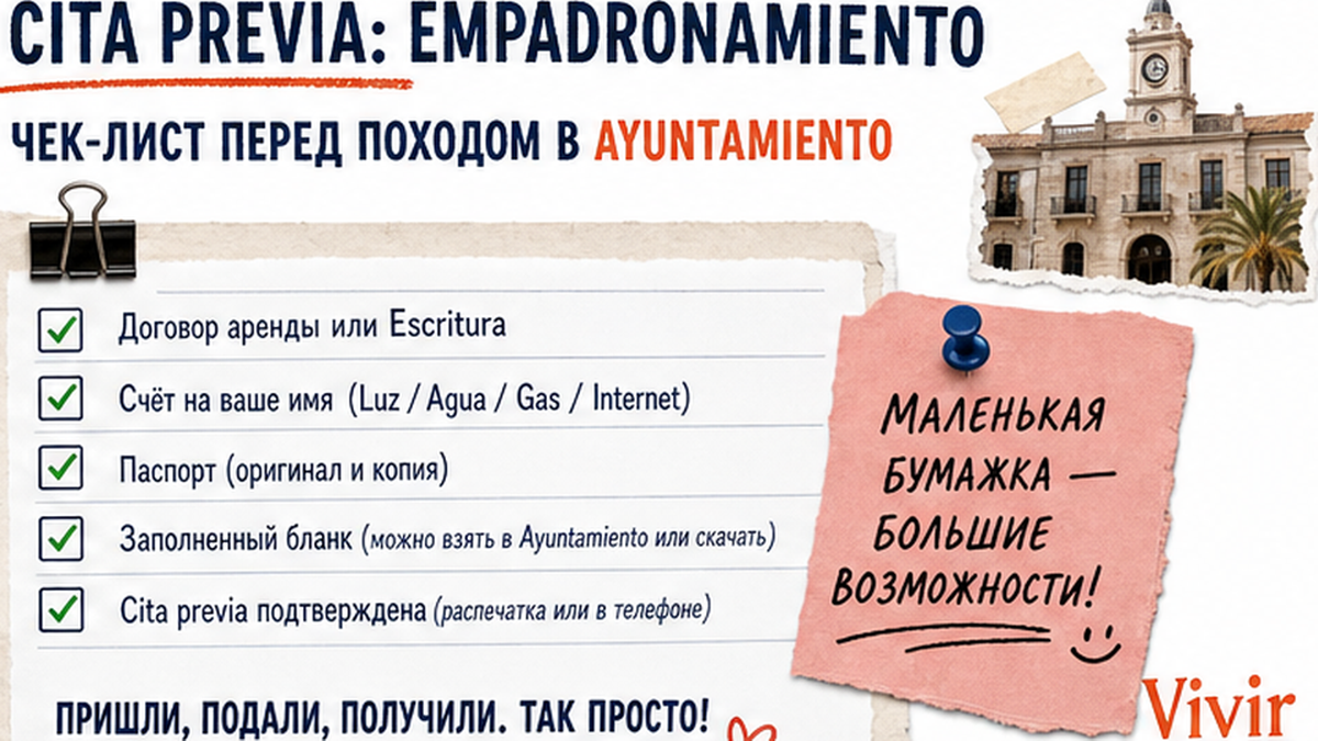 Чеклист записи на cita в Ayuntamiento для empadronamiento