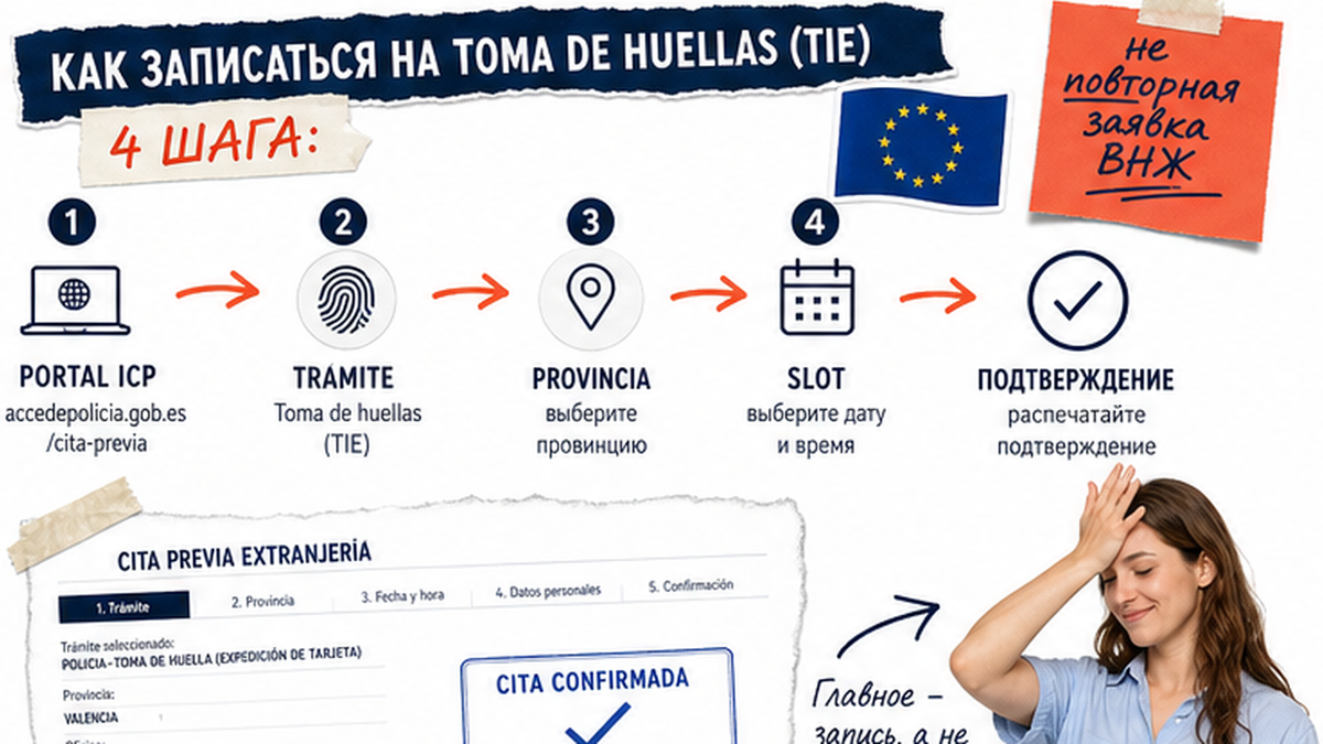 Схема выбора trámite и записи на cita для toma de huellas