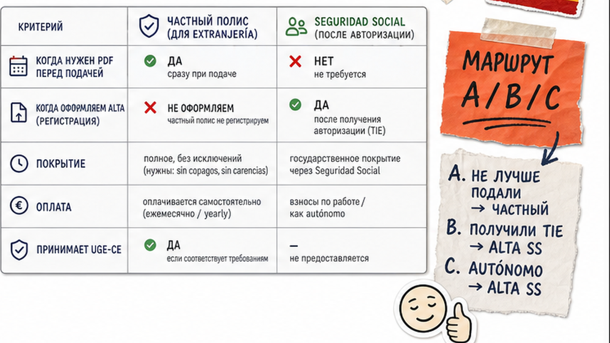 Сравнение маршрутов: частный полис или Seguridad Social для ВНЖ