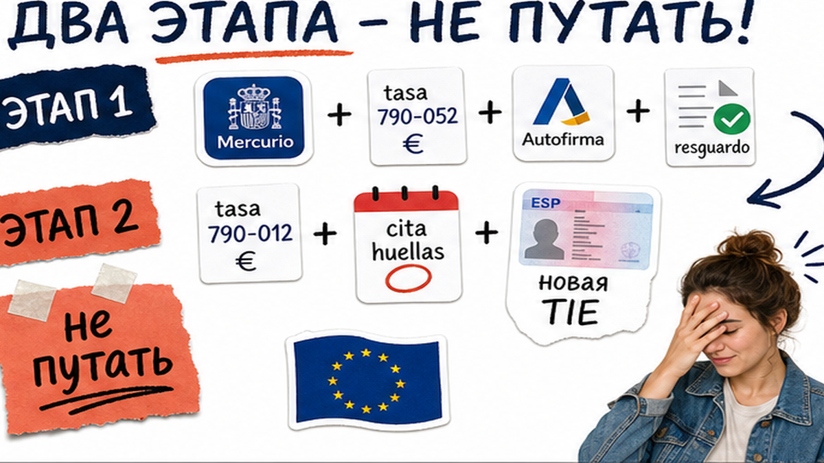 Схема двух этапов: renovación в Mercurio и отдельная запись на новую TIE