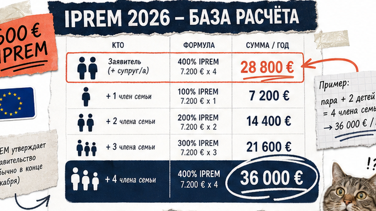 Таблица порога IPREM: 400% на заявителя и 100% на семью
