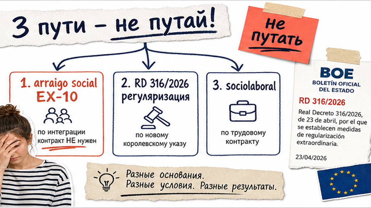 Схема: не путать arraigo social с регуляризацией 2026 и sociolaboral