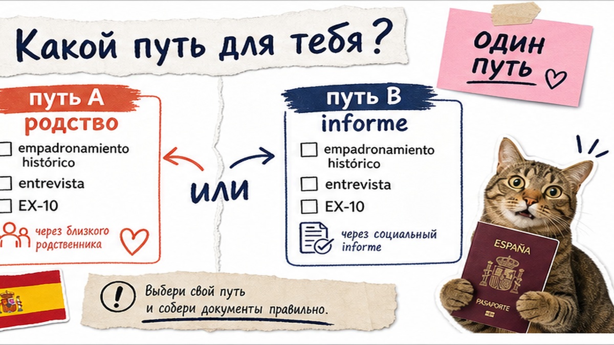 Чеклист: выбрать один путь для arraigo social – родство или informe